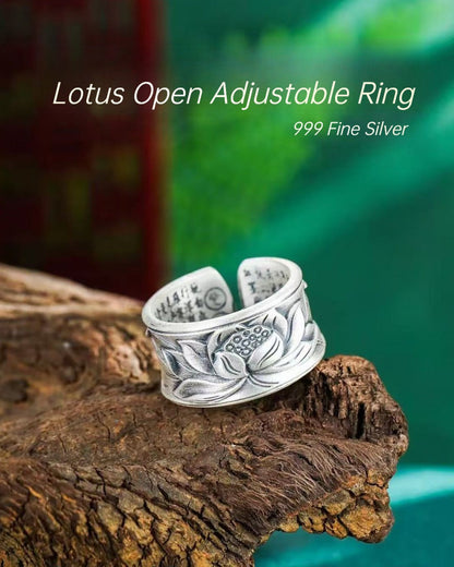999 Fine Silver Lotus Open Adjustable Ring, Inner Engraved Heart Sutra
