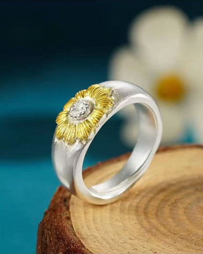 999 Fine Silver Vintage Gold‑Inlaid Sunflower Open Adjustable Ring, Elegant Fashion Style