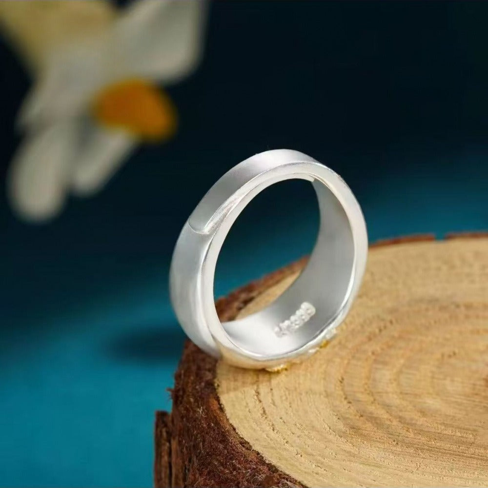 999 Fine Silver Vintage Gold‑Inlaid Sunflower Open Adjustable Ring, Elegant Fashion Style