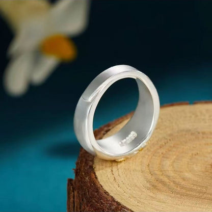 999 Fine Silver Vintage Gold‑Inlaid Sunflower Open Adjustable Ring, Elegant Fashion Style