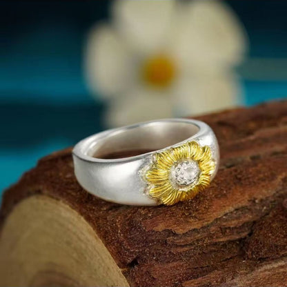 999 Fine Silver Vintage Gold‑Inlaid Sunflower Open Adjustable Ring, Elegant Fashion Style