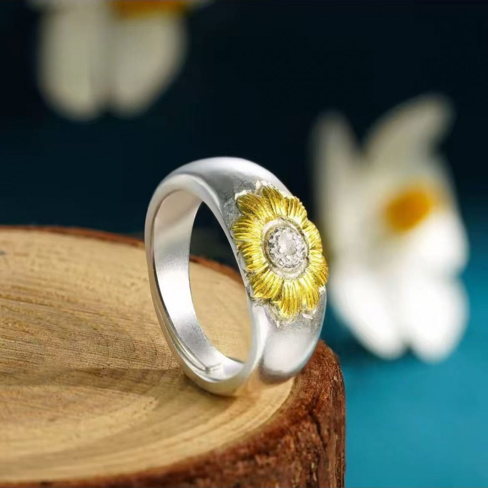 999 Fine Silver Vintage Gold‑Inlaid Sunflower Open Adjustable Ring, Elegant Fashion Style