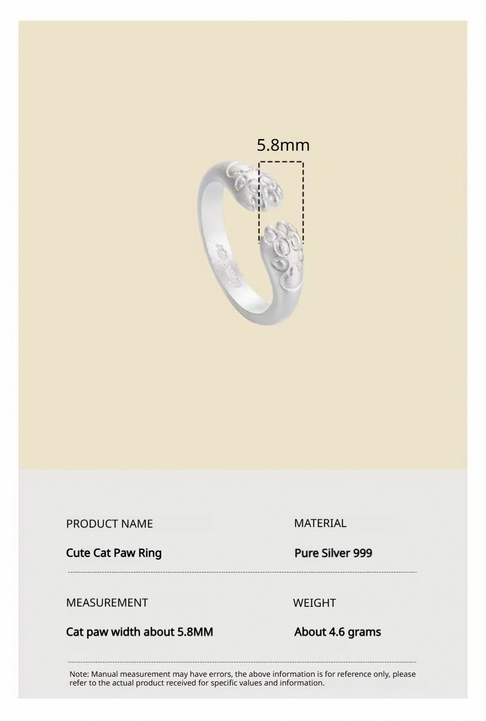 999 Fine Silver Cute Cat‑Paw Ring, Solid Handmade, Couple Ring, Valentine’s Day Gift