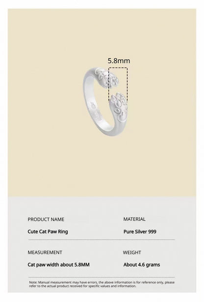 999 Fine Silver Cute Cat‑Paw Ring, Solid Handmade, Couple Ring, Valentine’s Day Gift