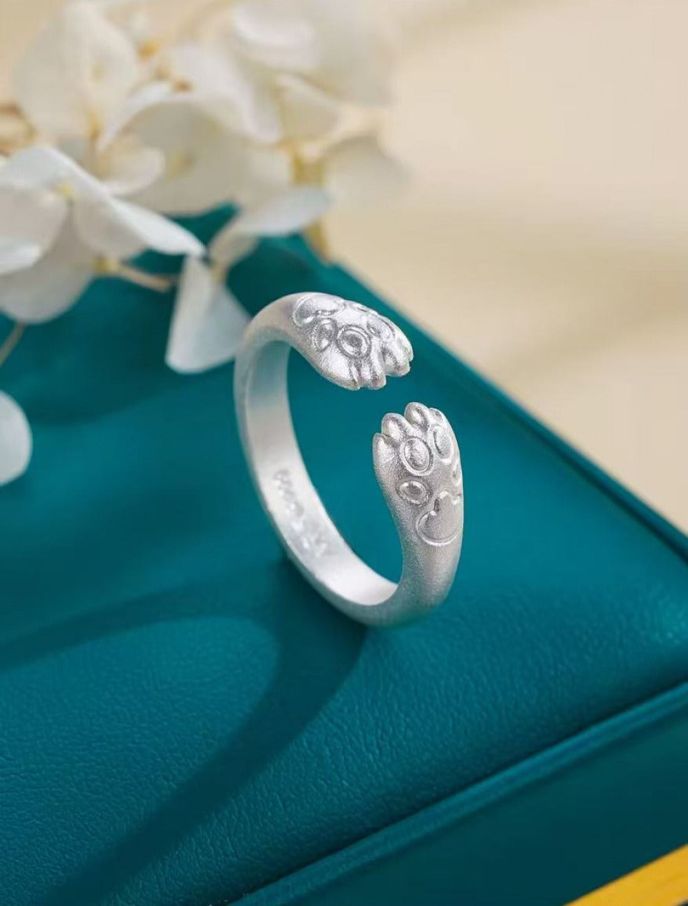 999 Fine Silver Cute Cat‑Paw Ring, Solid Handmade, Couple Ring, Valentine’s Day Gift