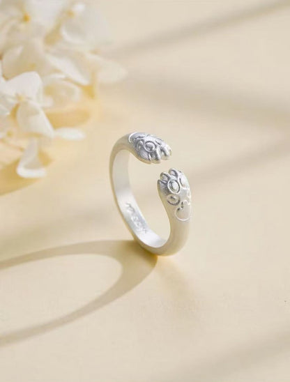 999 Fine Silver Cute Cat‑Paw Ring, Solid Handmade, Couple Ring, Valentine’s Day Gift