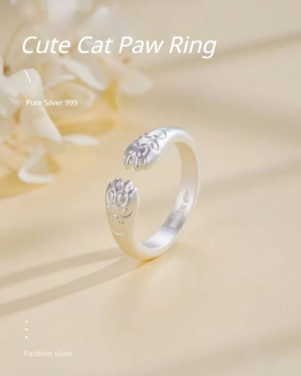 999 Fine Silver Cute Cat‑Paw Ring, Solid Handmade, Couple Ring, Valentine’s Day Gift