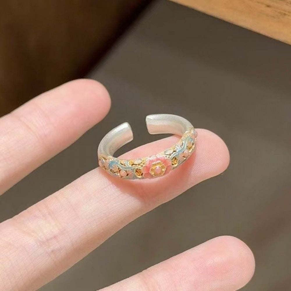 999 Fine Silver Enamel Crabapple Open Adjustable Ring