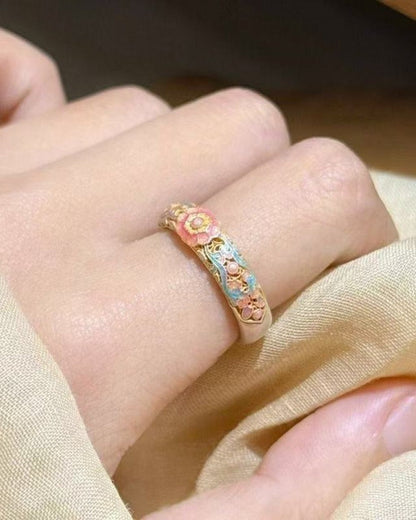 999 Fine Silver Enamel Crabapple Open Adjustable Ring