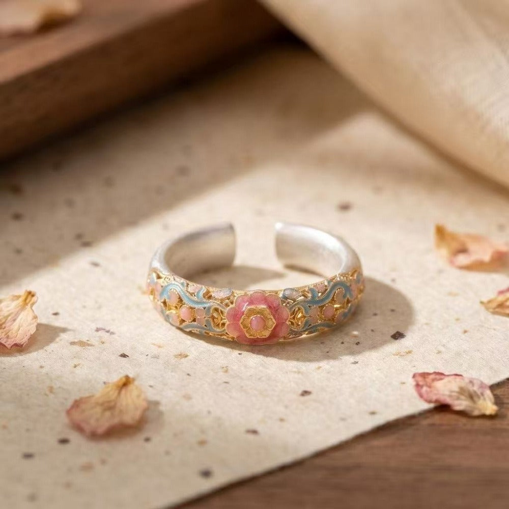 999 Fine Silver Enamel Crabapple Open Adjustable Ring