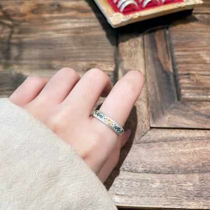 999 Fine Silver Enamel Lotus Heart Sutra Open Adjustable Ring