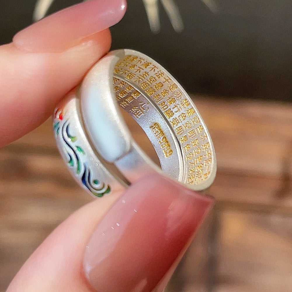 999 Fine Silver Enamel Lotus Heart Sutra Open Adjustable Ring