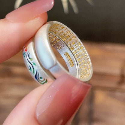 999 Fine Silver Enamel Lotus Heart Sutra Open Adjustable Ring