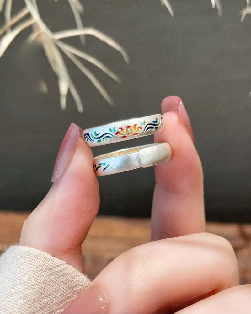 999 Fine Silver Enamel Lotus Heart Sutra Open Adjustable Ring