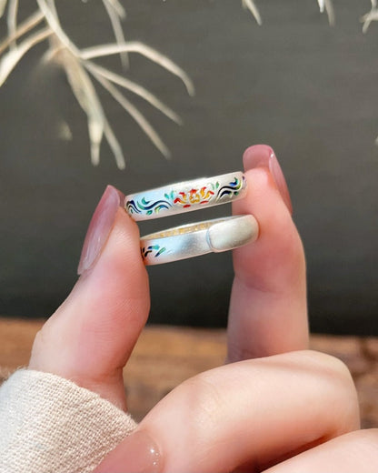 999 Fine Silver Enamel Lotus Heart Sutra Open Adjustable Ring