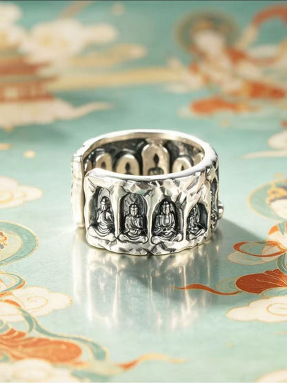 999 Fine Silver Ten-Thousand Buddha Grotto Open Adjustable Ring