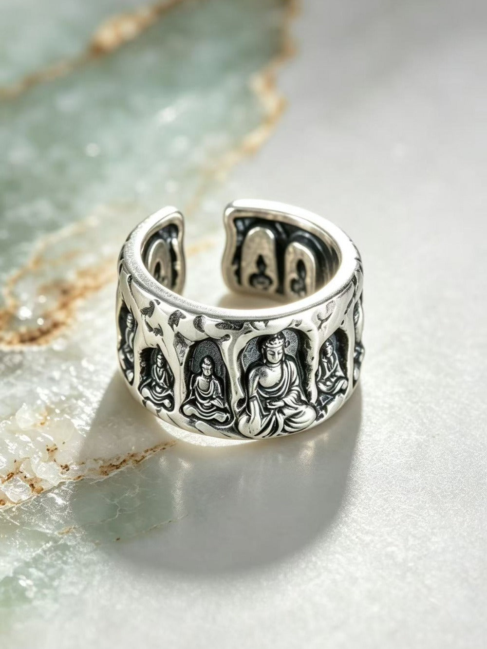 999 Fine Silver Ten-Thousand Buddha Grotto Open Adjustable Ring