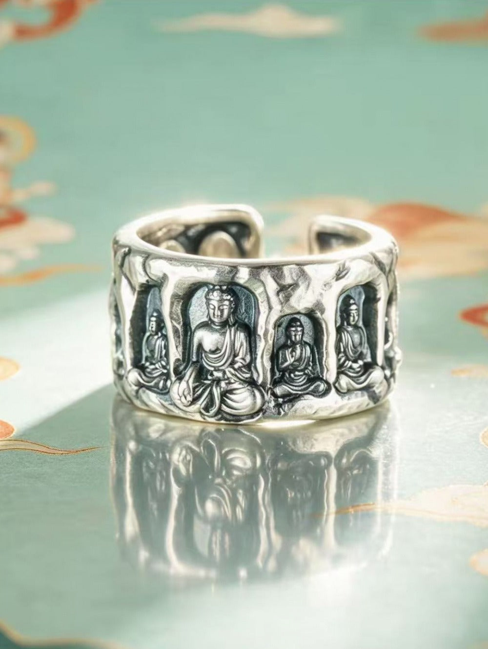 999 Fine Silver Ten-Thousand Buddha Grotto Open Adjustable Ring