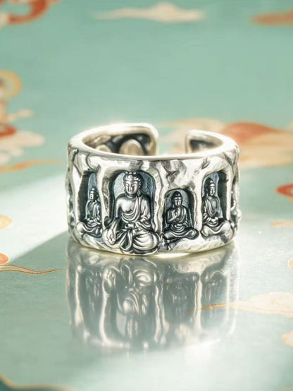 999 Fine Silver Ten-Thousand Buddha Grotto Open Adjustable Ring