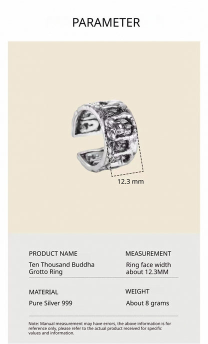999 Fine Silver Ten-Thousand Buddha Grotto Open Adjustable Ring
