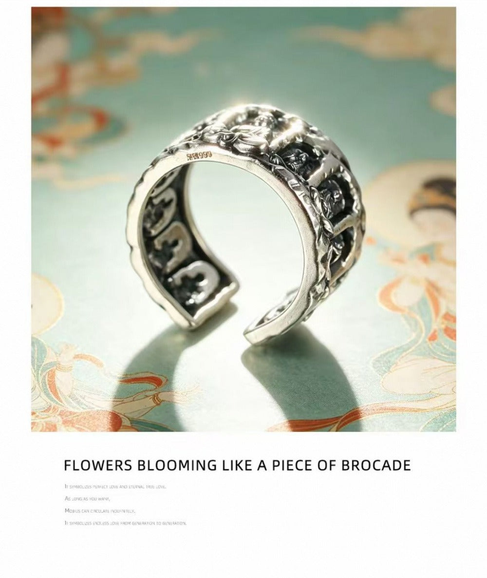 999 Fine Silver Ten-Thousand Buddha Grotto Open Adjustable Ring