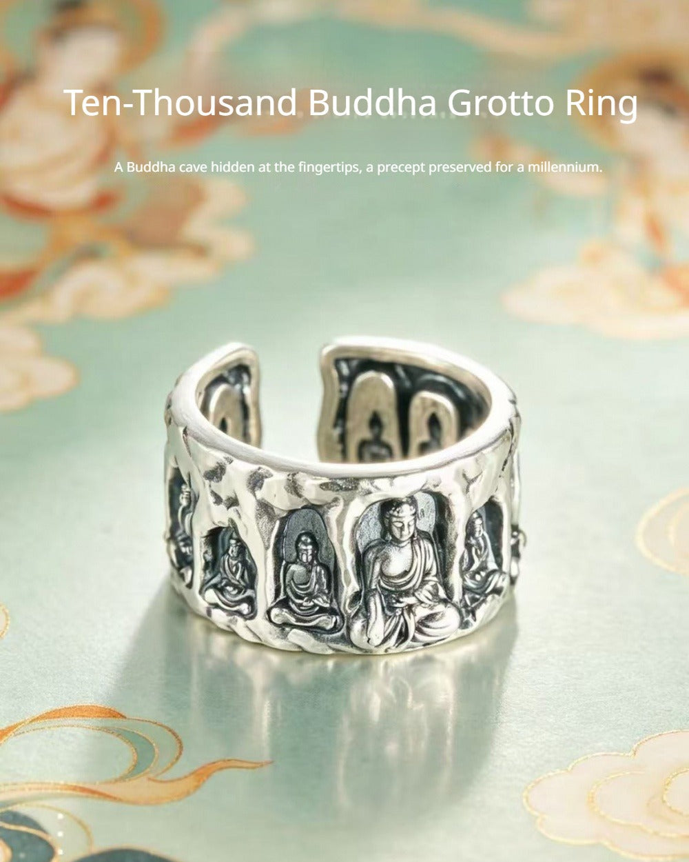 999 Fine Silver Ten-Thousand Buddha Grotto Open Adjustable Ring