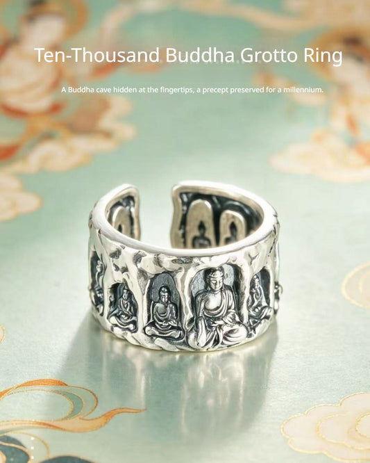 999 Fine Silver Ten-Thousand Buddha Grotto Open Adjustable Ring