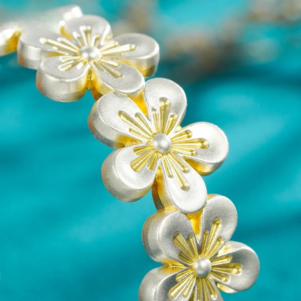 999 Fine Silver Gilded Floral Blossom Open Bangle