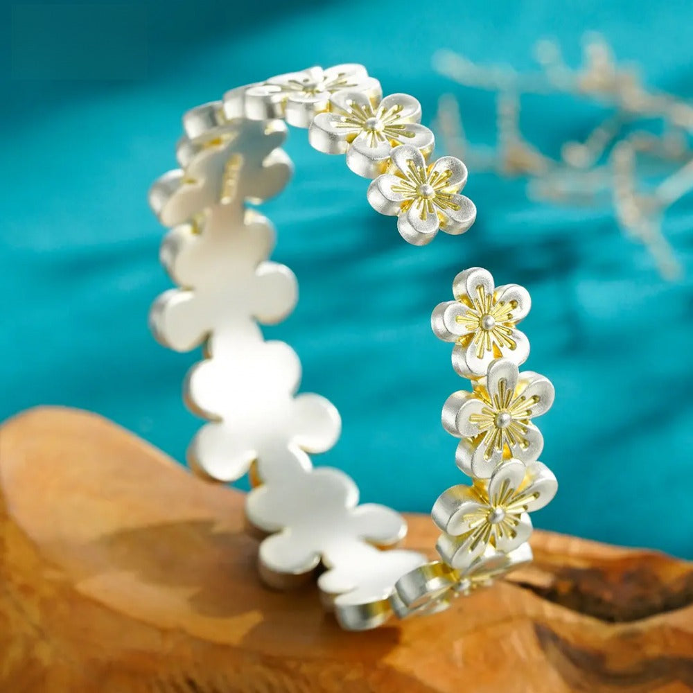 999 Fine Silver Gilded Floral Blossom Open Bangle