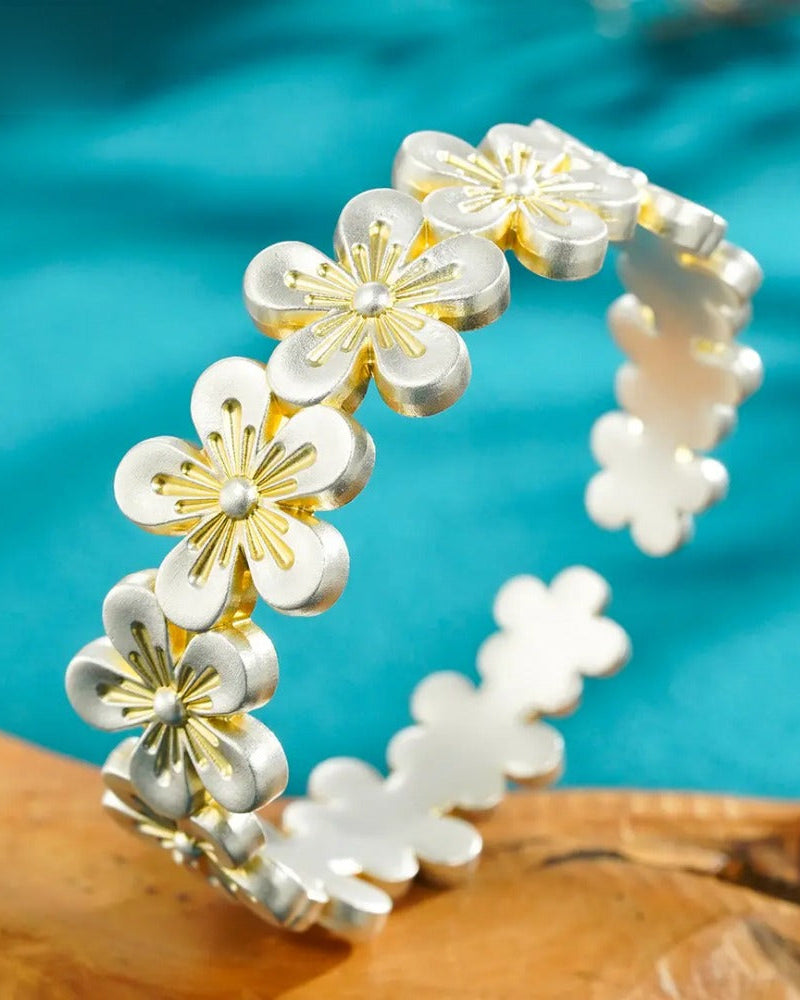 999 Fine Silver Gilded Floral Blossom Open Bangle