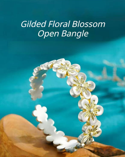 999 Fine Silver Gilded Floral Blossom Open Bangle