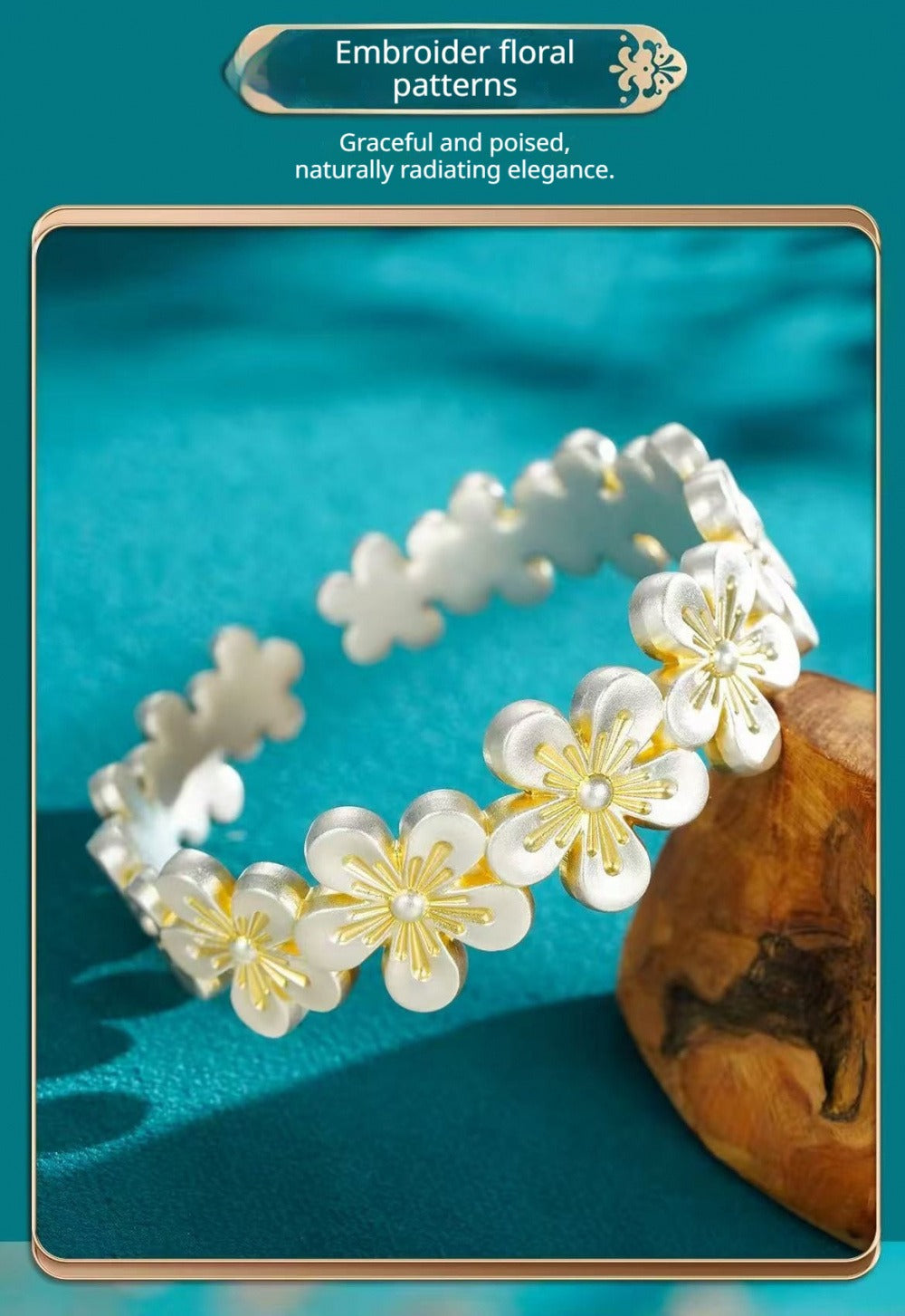 999 Fine Silver Gilded Floral Blossom Open Bangle