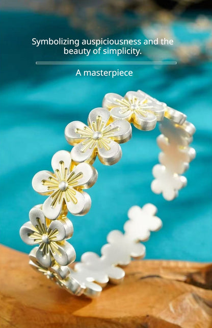 999 Fine Silver Gilded Floral Blossom Open Bangle