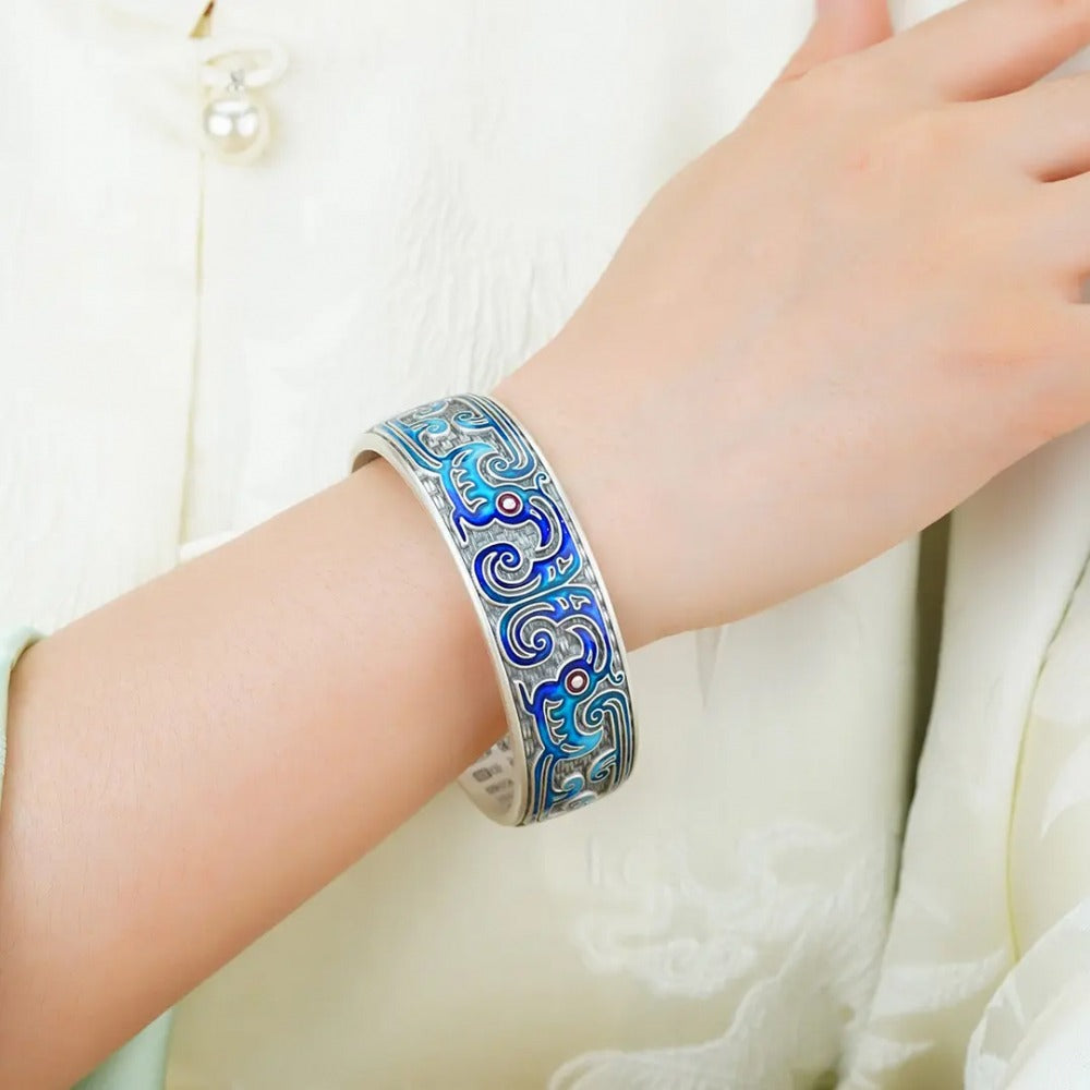 999 Fine Silver Enamel Sunbird Phoenix Pattern Open Bangle