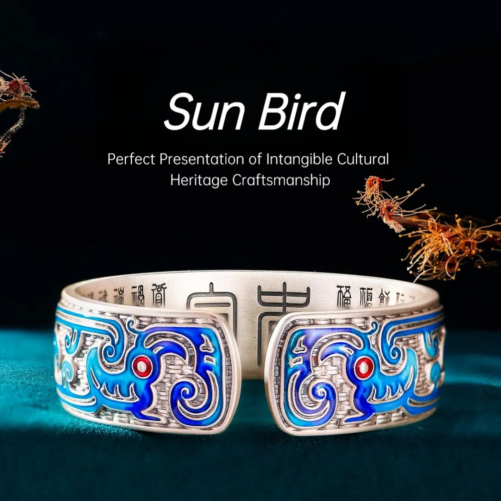 999 Fine Silver Enamel Sunbird Phoenix Pattern Open Bangle