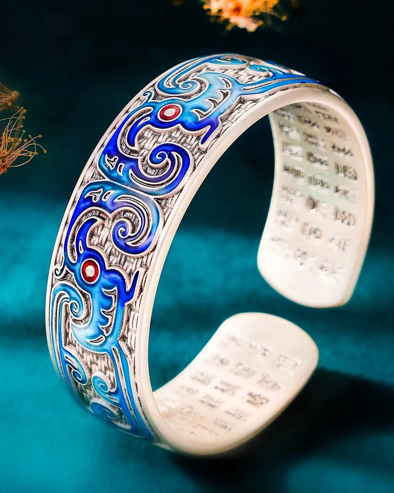 999 Fine Silver Enamel Sunbird Phoenix Pattern Open Bangle