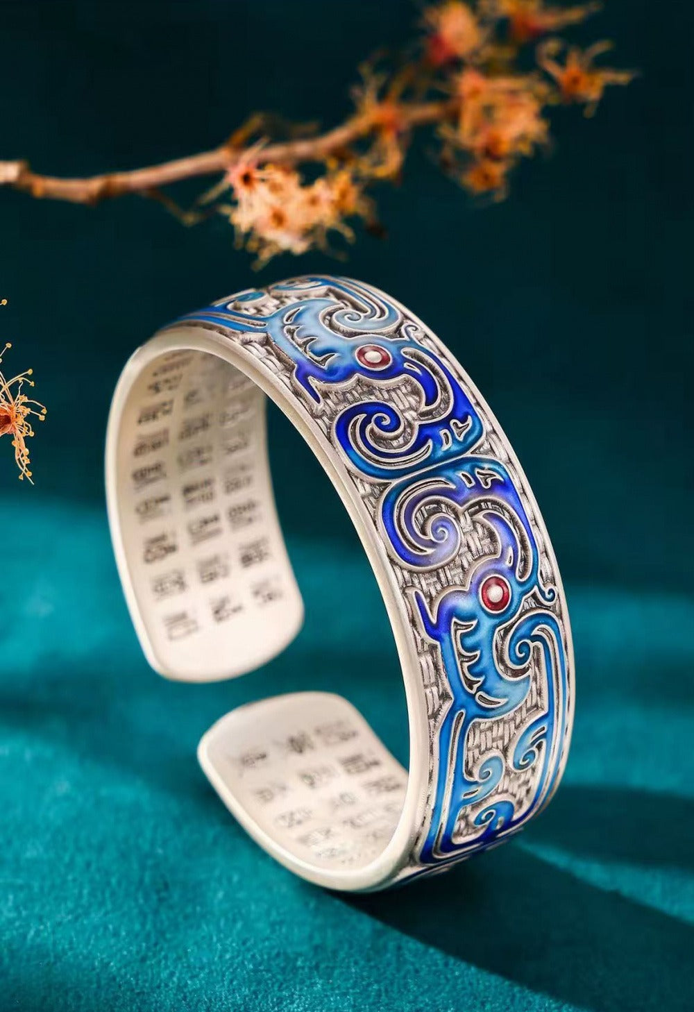 999 Fine Silver Enamel Sunbird Phoenix Pattern Open Bangle