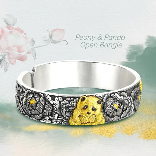 Handcrafted 999 Fine Silver Peony & Panda Open Bangle