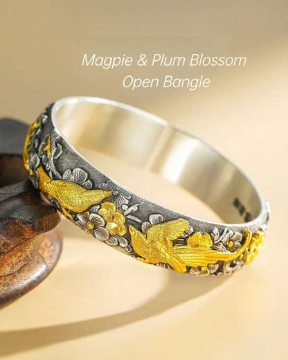 Handcrafted 999 Fine Silver Magpie & Plum Blossom Open Bangle