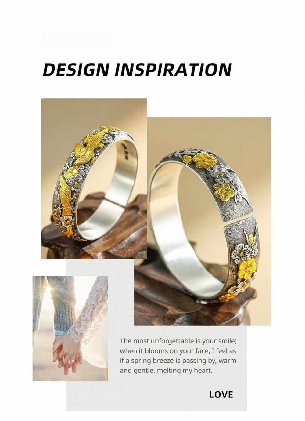 Handcrafted 999 Fine Silver Magpie & Plum Blossom Open Bangle
