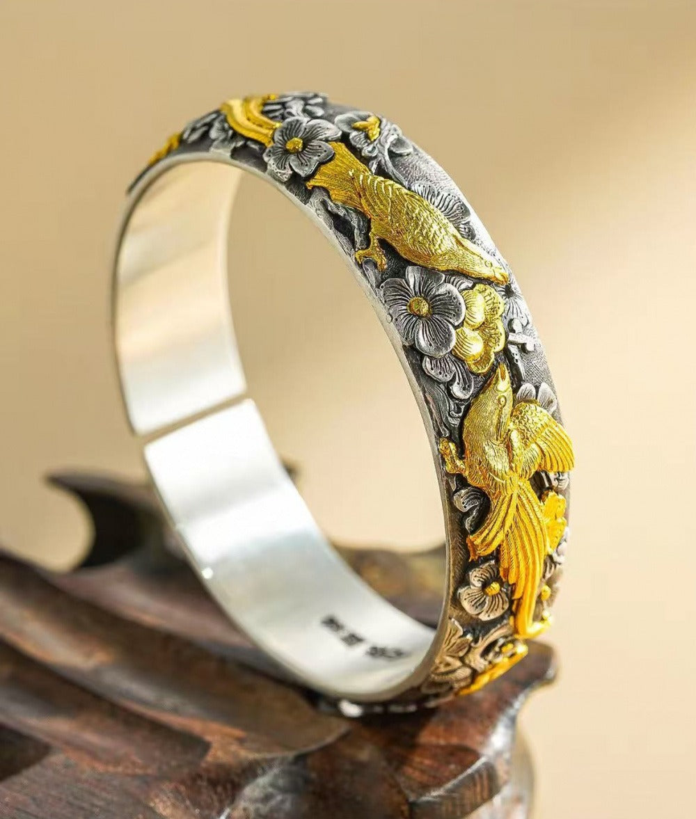 Handcrafted 999 Fine Silver Magpie & Plum Blossom Open Bangle