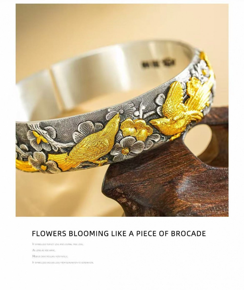 Handcrafted 999 Fine Silver Magpie & Plum Blossom Open Bangle