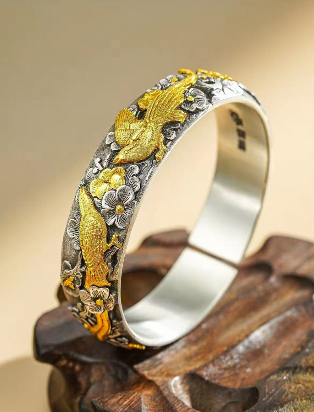 Handcrafted 999 Fine Silver Magpie & Plum Blossom Open Bangle