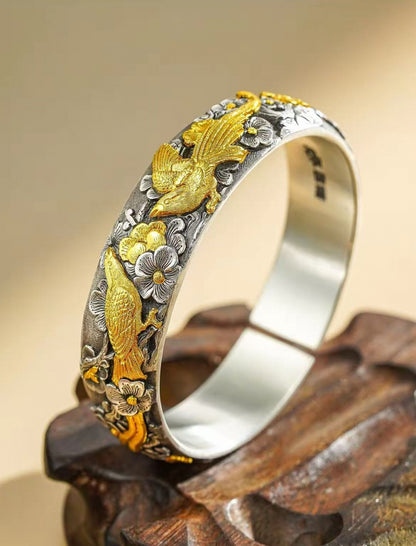 Handcrafted 999 Fine Silver Magpie & Plum Blossom Open Bangle