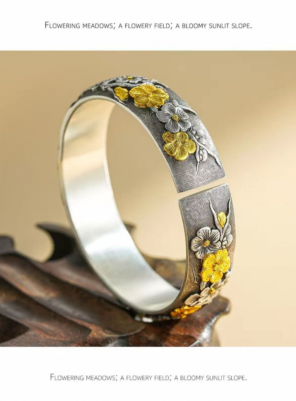 Handcrafted 999 Fine Silver Magpie & Plum Blossom Open Bangle
