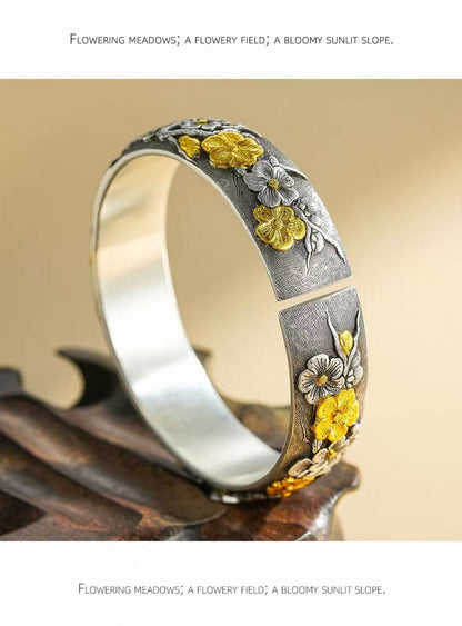 Handcrafted 999 Fine Silver Magpie & Plum Blossom Open Bangle