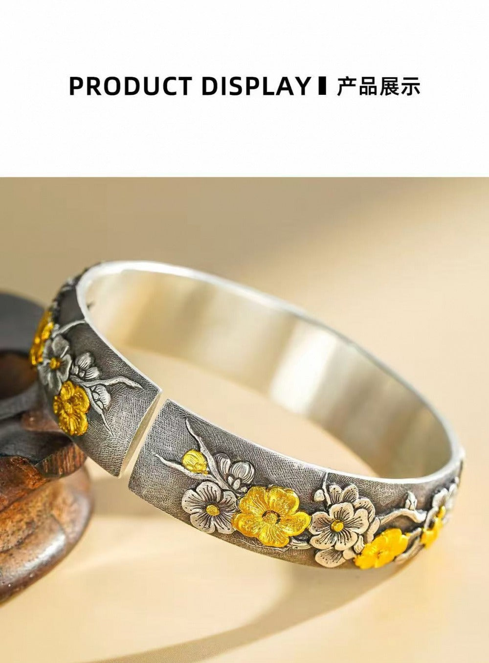 Handcrafted 999 Fine Silver Magpie & Plum Blossom Open Bangle