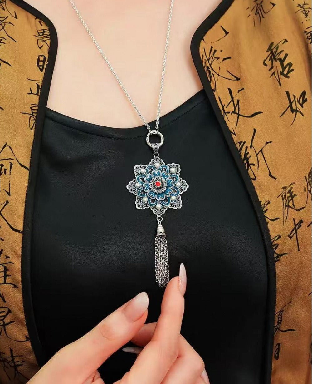 Handmade 999 Pure Silver Filigree Lotus Pendant（Sold as pendant only）