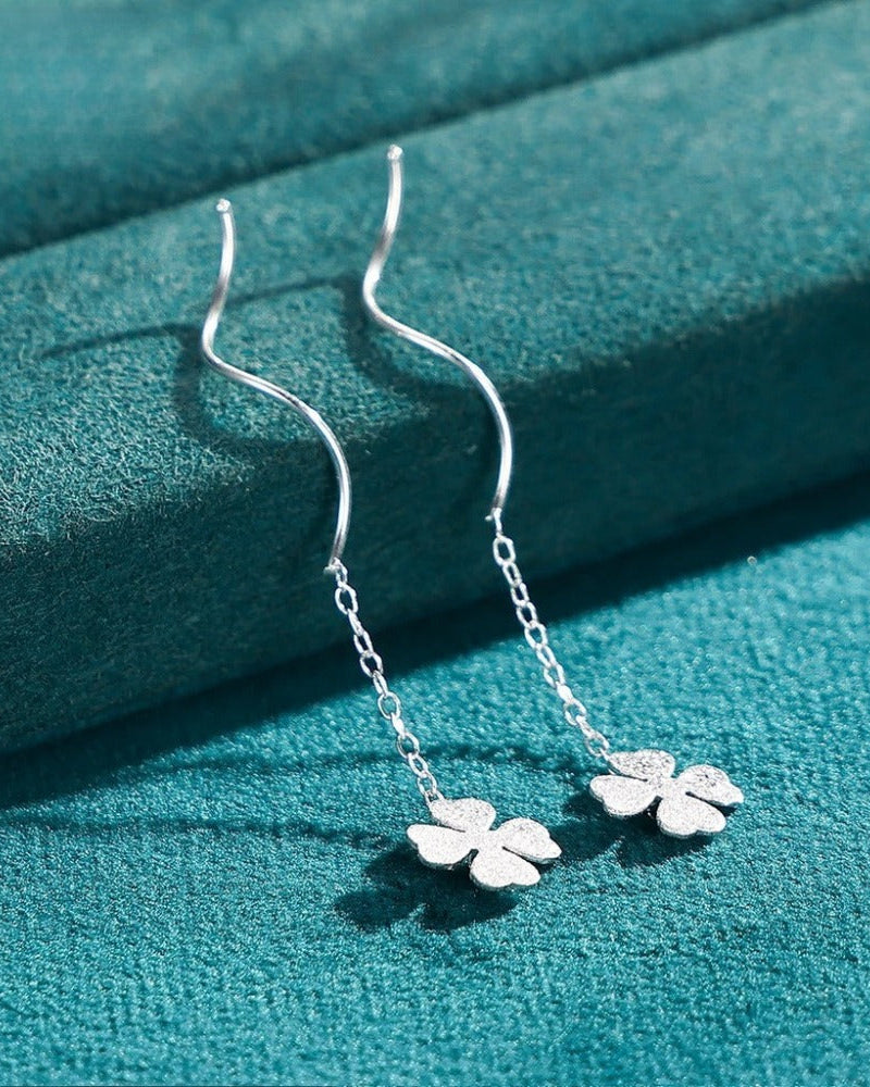 Matte Four-Leaf Clover Threader Earrings, Delicate Drop Ear Jewelry for Women