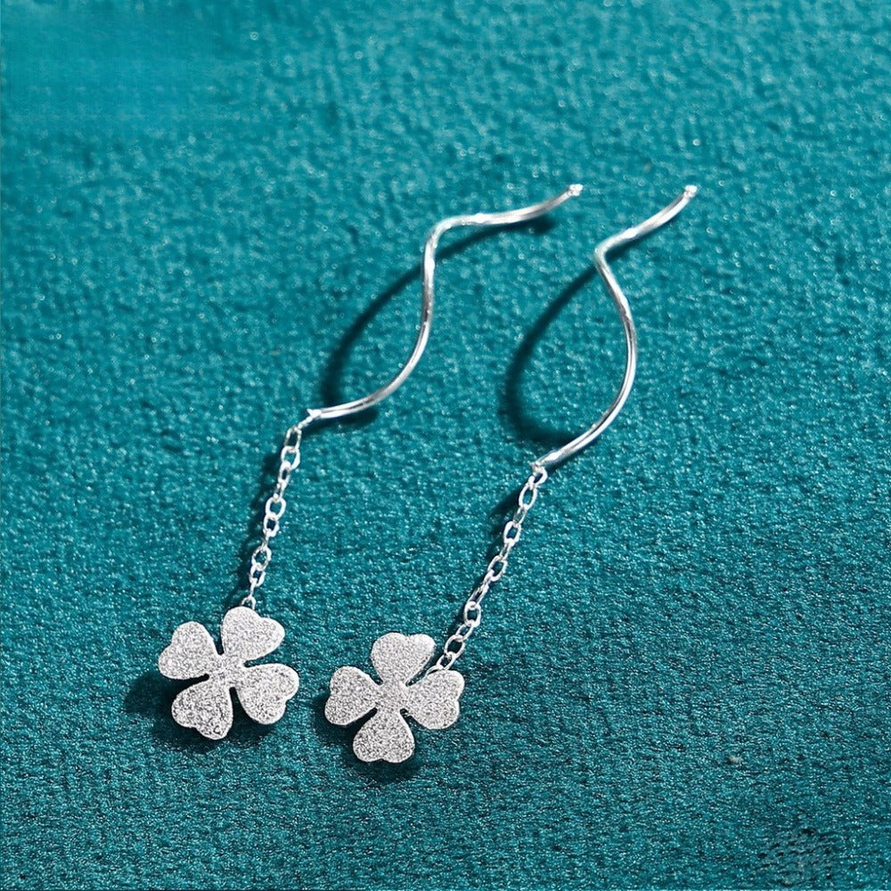 Matte Four-Leaf Clover Threader Earrings, Delicate Drop Ear Jewelry for Women